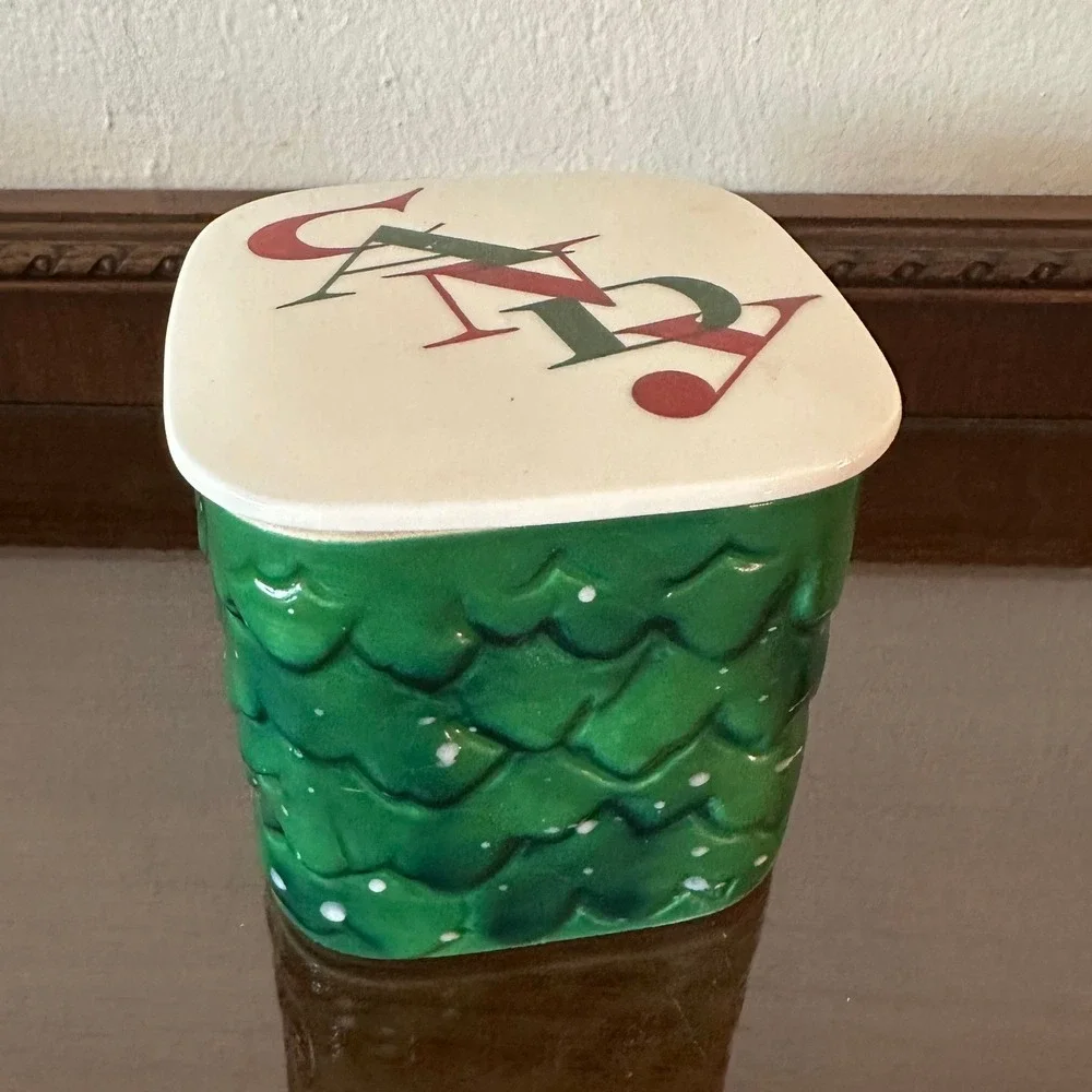 Vintage Holt Howard Christmas Candy Dish Evergreen Ceramic Jar Santa Pop Up
